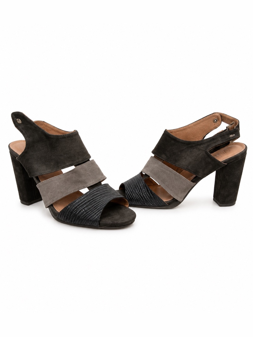 Chunky Heel Mocha Tisha-18 Suede Slingback Sandals- Blue Gray & Brownish Green